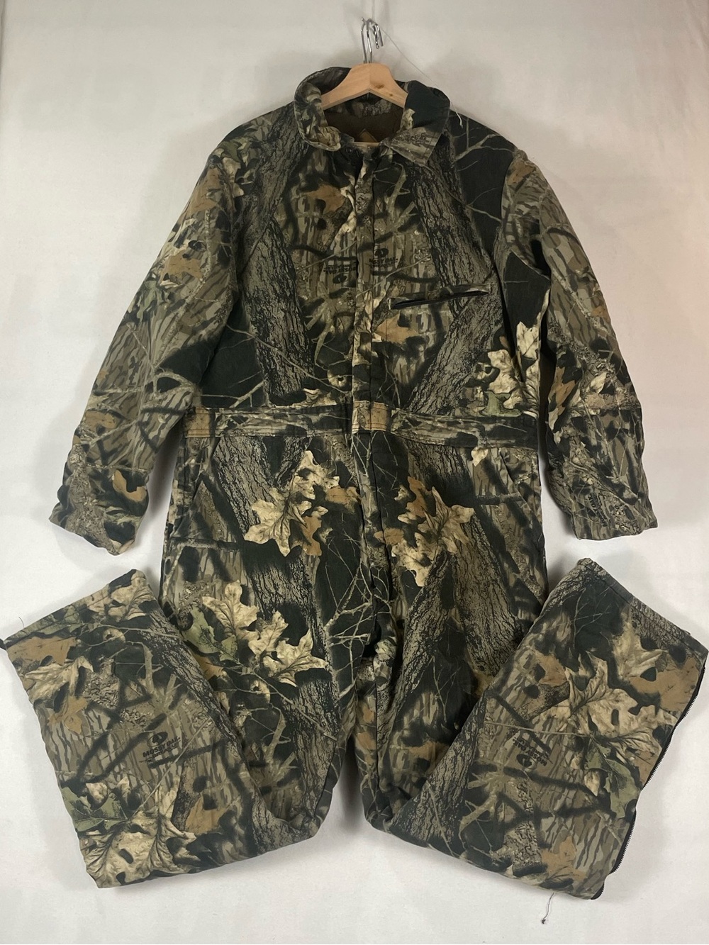 Vintage Mossy Oak Quilted Lined Camo Coveralls Made In USA Sz Large Reg *FLAW*